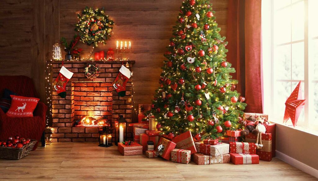 christmas tree, presents, fireplace, decorations