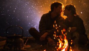 couple kissing by a bonfire