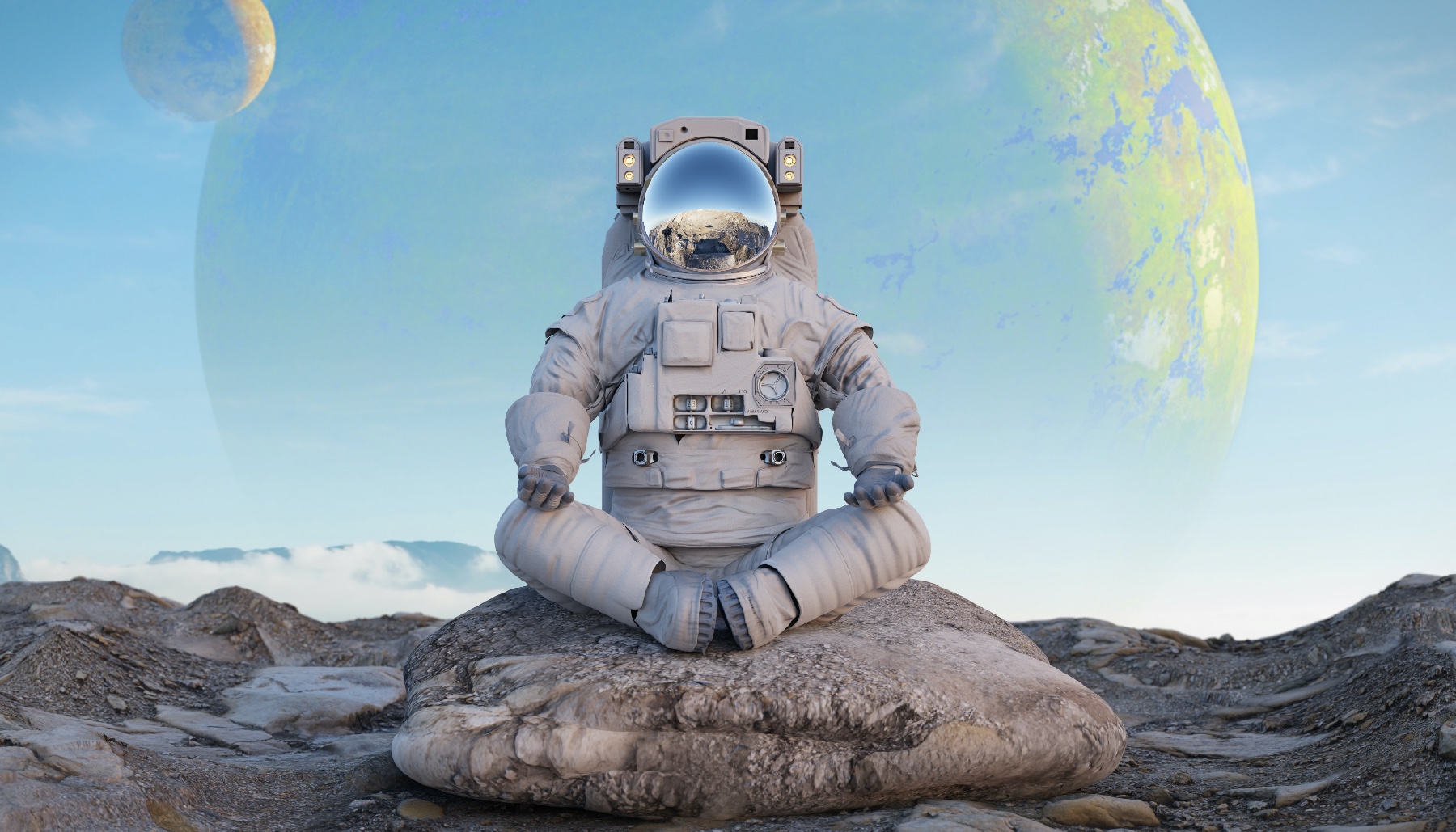 Astronaut sitting on a rock between two moons