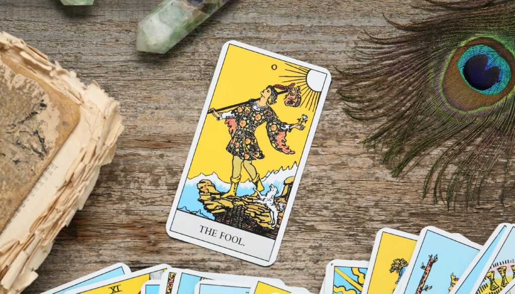the fool card surround by cards stones and feathers