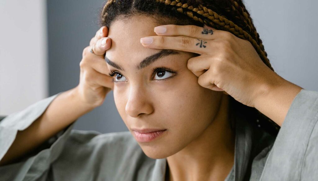 woman looking at face with fingers on forehead