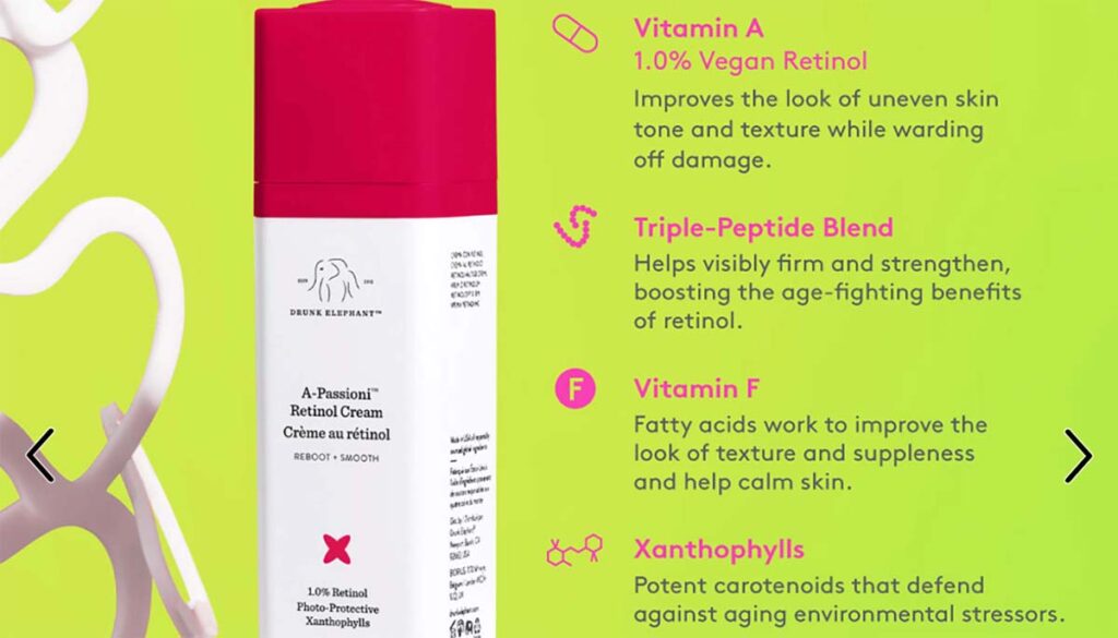 Drunk Elephant Retinol Cream with product facts