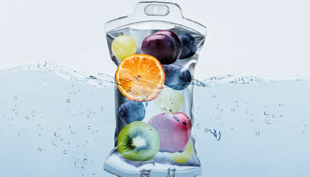 a clear IV drip bag filled with fruits and in water