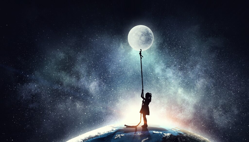 a little girl tries to pull down the moon with a rope