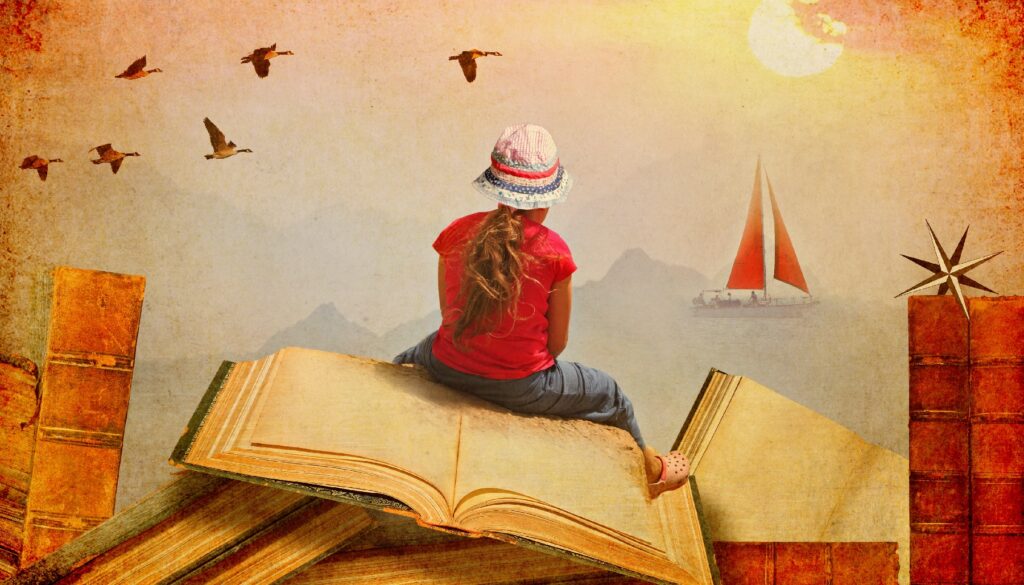 a girl sitting on a pile of books watching ships sailing on the sea