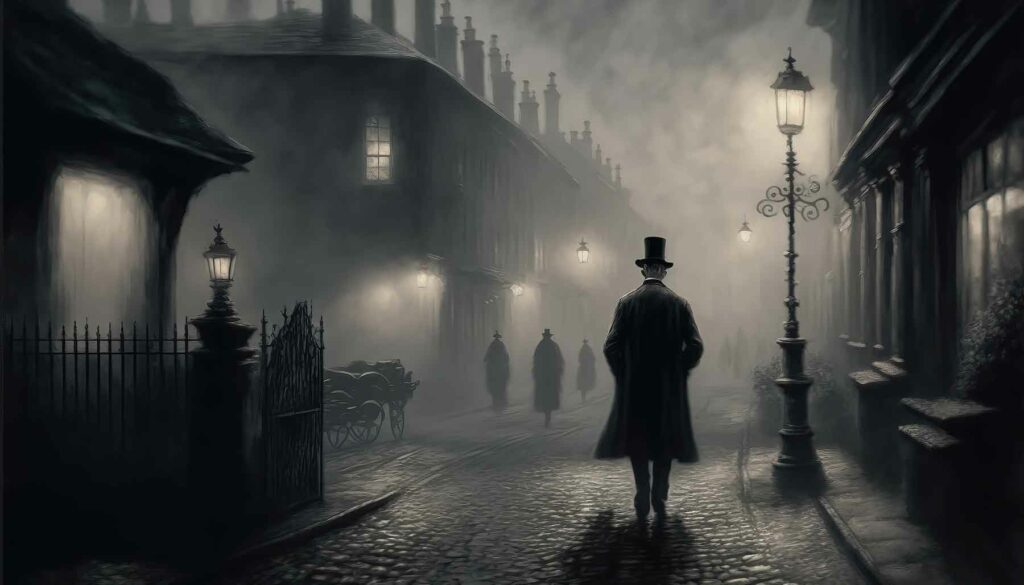 moody Victorian era private investigator detective in top hat walking streets at night