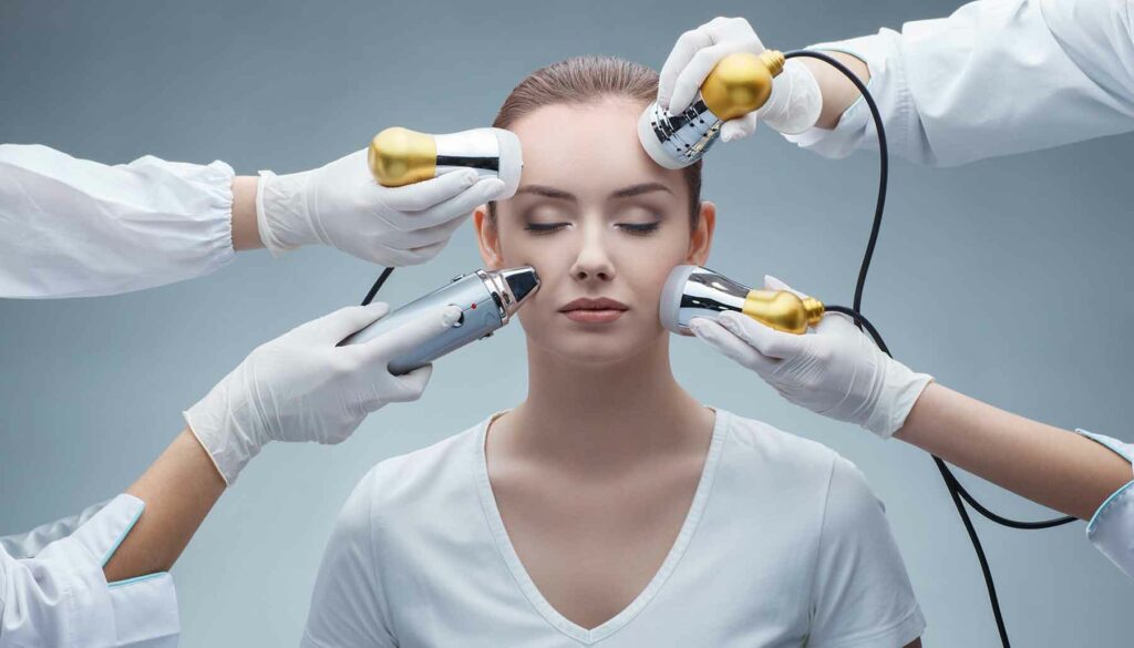 woman surrounded by skincare devices